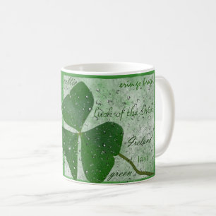 Irish Shamrock Word Cloud in Rain Coffee Mug