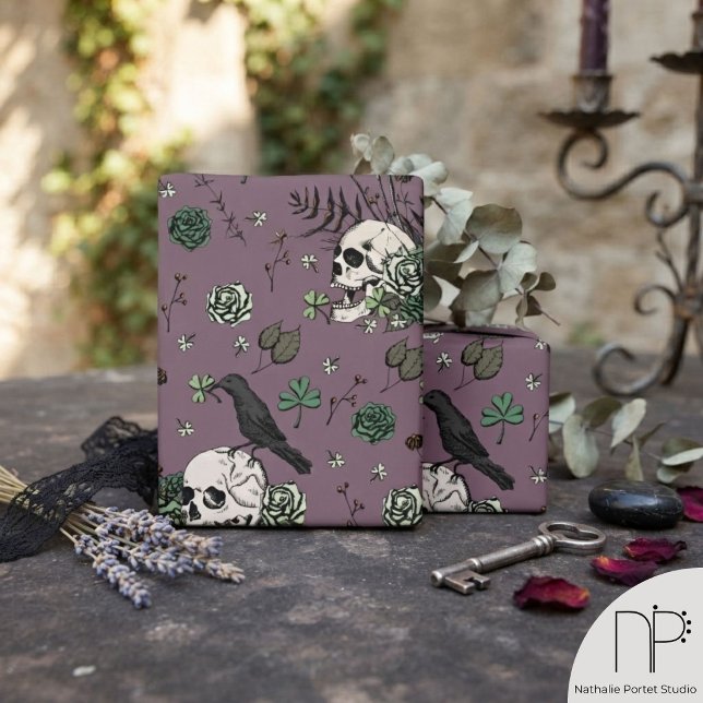 Irish Skull Clovers St Patricks Day  Wrapping Paper (This Irish Skull Clovers St Patricks Day Gift Wrap features hand drawn ink art on plum purple)
