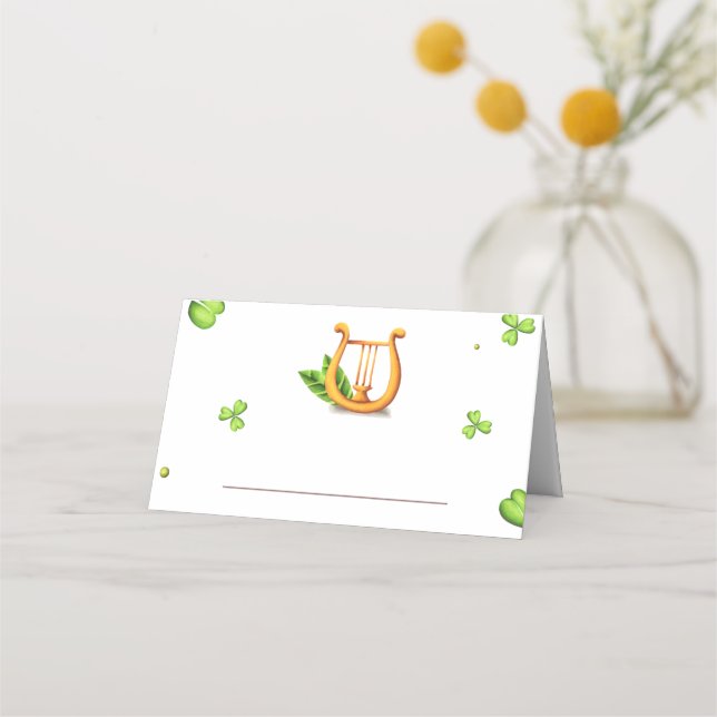 Irish St. Patrick's golden harp and green clovers Place Card (Front)