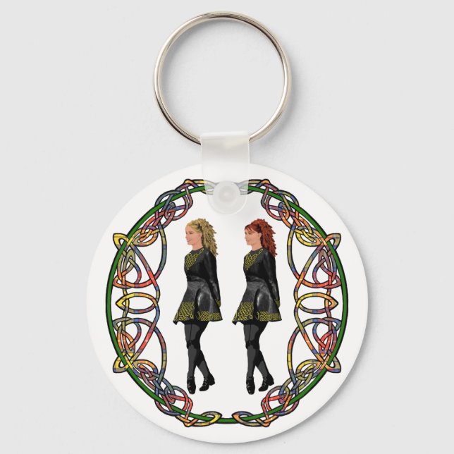 Irish Step Dancers in Celtic Knotwork Surround Key Ring (Front)