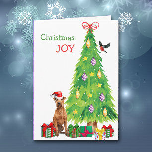 Irish Terrier Dog, Bird and Christmas Tree Holiday Card
