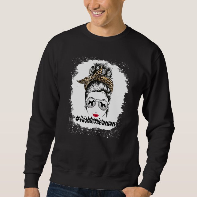 Irish Terrier Dog Mum Bleached Messy Bun Leopard W Sweatshirt (Front)