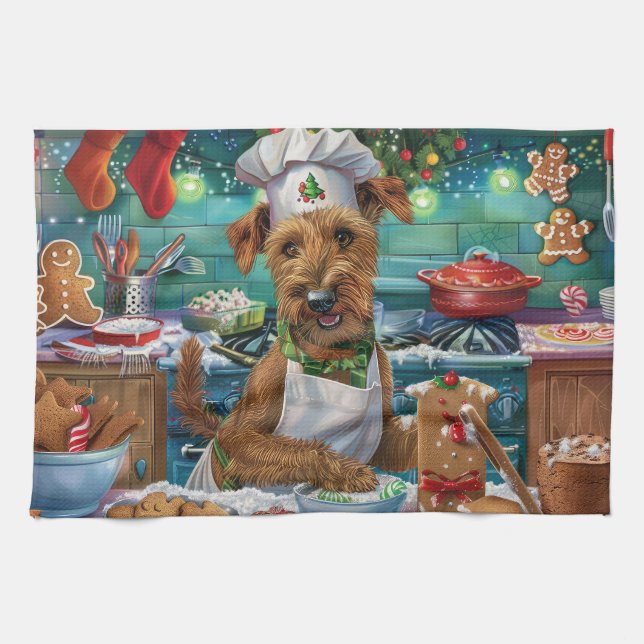 Irish Terrier Holiday Baking: Festive Christmas Tea Towel (Horizontal)