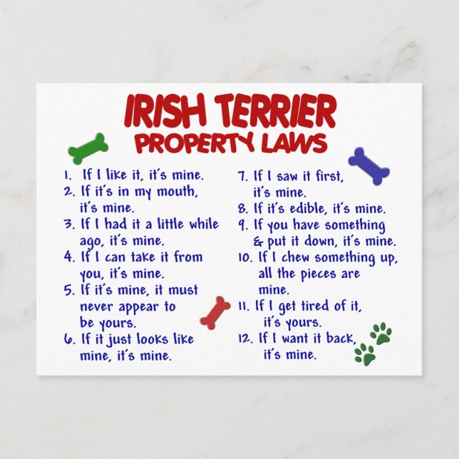 IRISH TERRIER Property Laws 2 Postcard (Front)