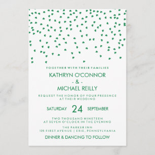 Irish Theme Wedding Shamrock Confetti on White Invitation