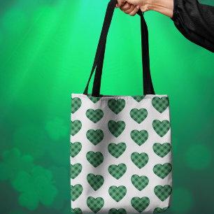Irish-Themed with Green Tartan Heart Pattern Tote Bag