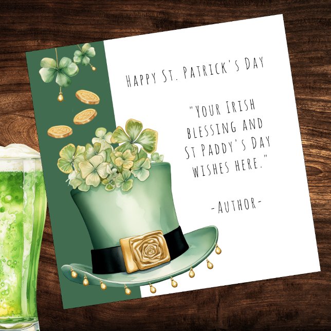 Irish Top Hat and Gold Coins Card (Customize with your Irish Blessing or St Patrick's Day wishes on the front and back of this card)