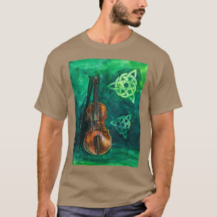 Irish violin fiddle on emerald background with cel T-Shirt