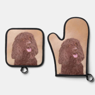 Irish Water Spaniel IWS Painting Original Dog Art Oven Mitt & Pot Holder Set