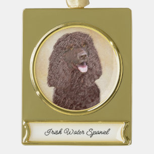 Irish Water Spaniel Painting - Original Dog Art Gold Plated Banner Ornament
