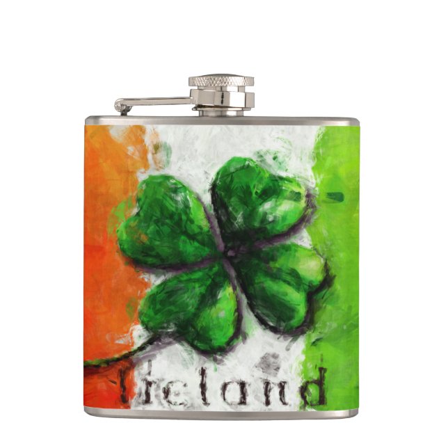 Irish Watercolor Ireland Clover/Flag Hip Flask (Front)