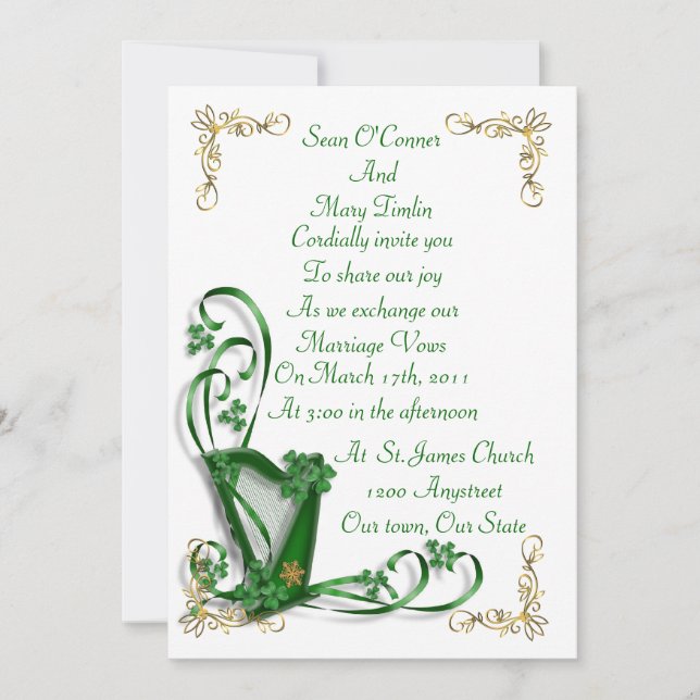 Irish Wedding invitation Harp shamrocks and ribbon (Front)