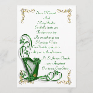 Irish Wedding invitation Harp shamrocks and ribbon