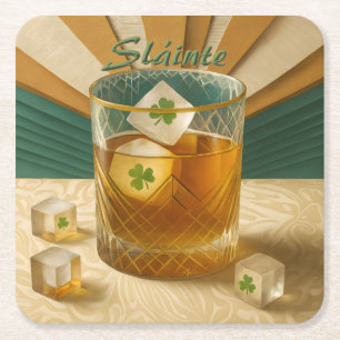 Irish Whiskey Tumbler Shamrock Ice "Sláinte!" Square Paper Coaster