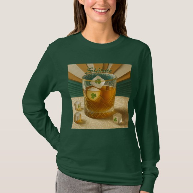 Irish Whiskey Tumbler Shamrock Ice "Sláinte!" T-Shirt (Front)