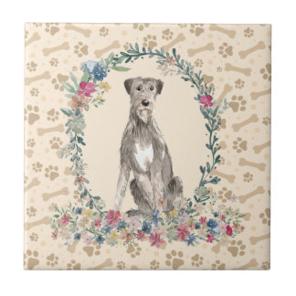 Irish Wolf Hound Dog Paw Print Floral Cute Beige Tile