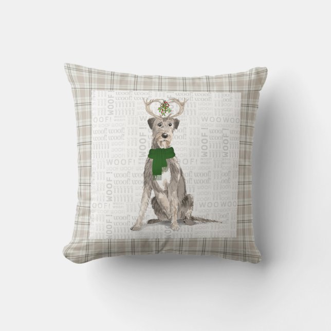 Irish Wolfhound and Taupe Plaid Christmas Dog Cushion (Front)