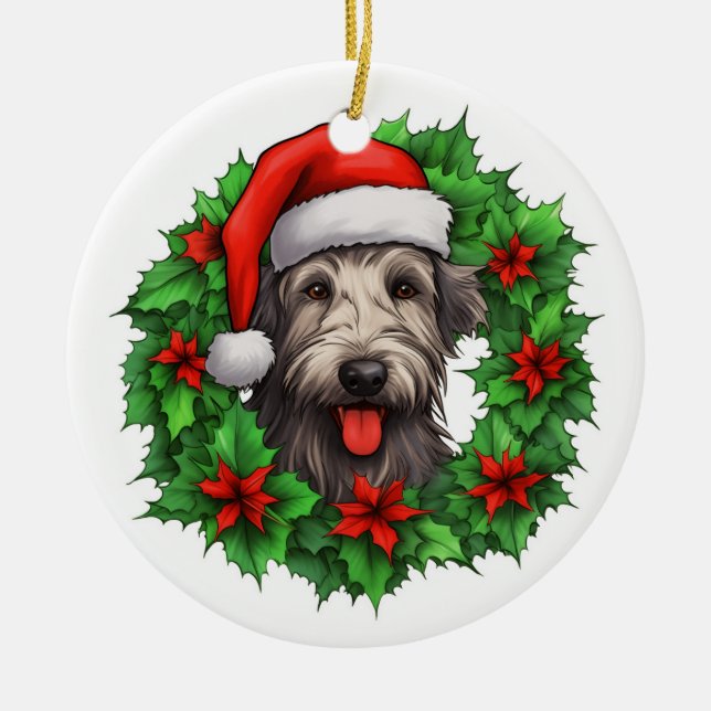 Irish Wolfhound Christmas Wreath Ceramic Tree Decoration (Front)
