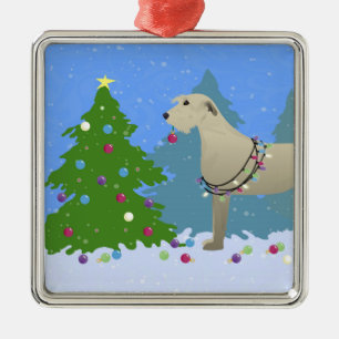 Irish Wolfhound decorating a Christmas tree-forest Metal Tree Decoration