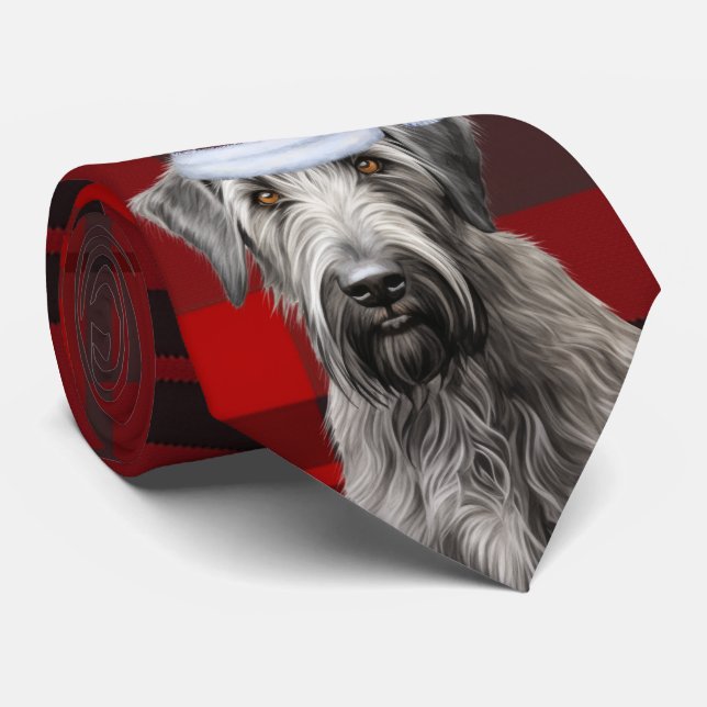 Irish Wolfhound Dog Red Plaid Christmas Tie (Rolled)
