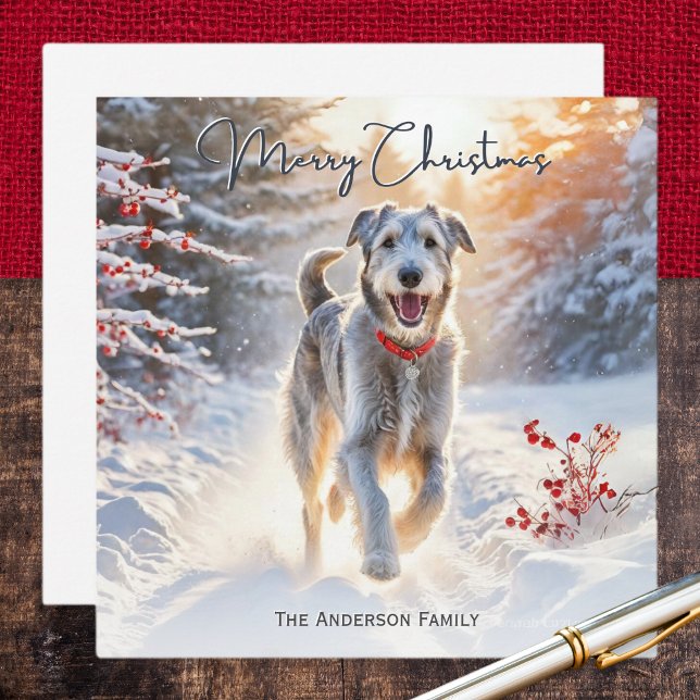 Irish Wolfhound Dog Walking Snow Merry Christmas Holiday Card (A personalized Christmas card with picture of an Irish Wolfhound out for a winter walk in the snow)