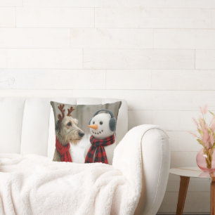Irish Wolfhound Gazing at a Cute Snowman Cushion