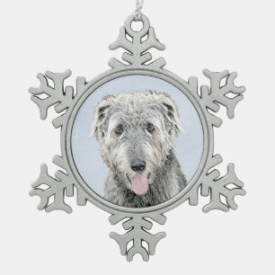 Irish Wolfhound Painting - Cute Original Dog Art Snowflake Pewter Christmas Ornament