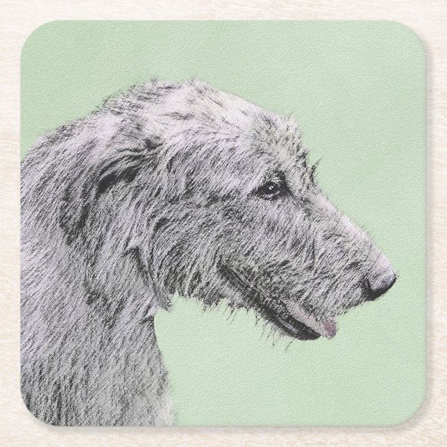 Irish Wolfhound Painting - Cute Original Dog Art Square Paper Coaster (Front)