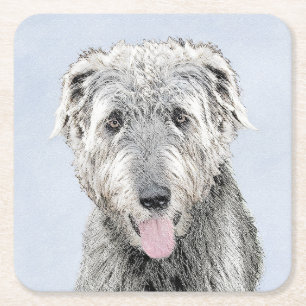 Irish Wolfhound Painting - Cute Original Dog Art Square Paper Coaster