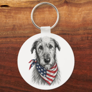 Irish Wolfhound Wearing an American Flag Bandanna Key Ring
