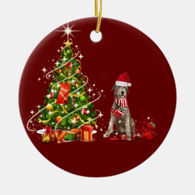 Irish Wolfhound With Hat Scaft Christmas Ceramic Tree Decoration (Front)