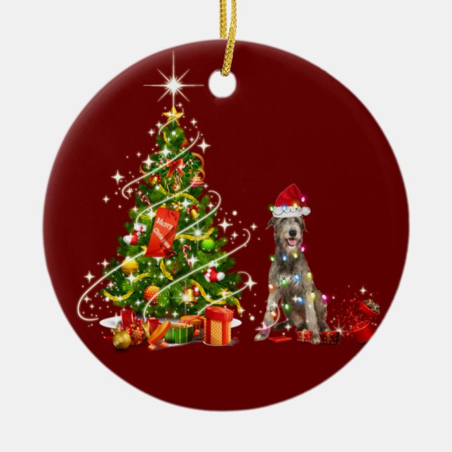 Irish wolfhound With Hat Scaft Christmas Ceramic Tree Decoration (Front)