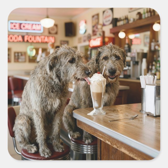 Irish Wolfhounds Sharing a Milkshake Square Sticker (Front)