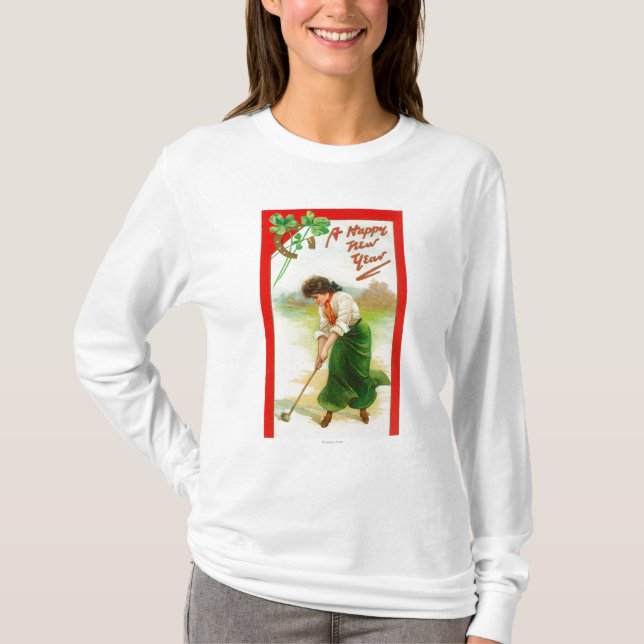 Irish Woman About to Hit Golfball T-Shirt (Front)