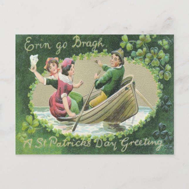 Irish Woman Man Rowboat Shamrock Postcard (Front)