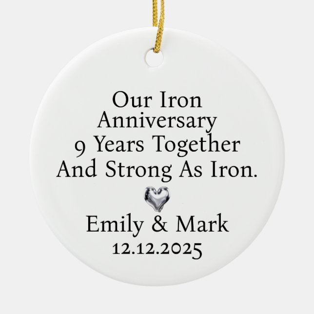 Iron Anniversary Ornament, Iron 9th Anniversary Ceramic Tree Decoration (Front)