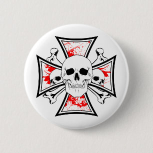 Iron Cross with Skulls and Cross Bones 6 Cm Round Badge