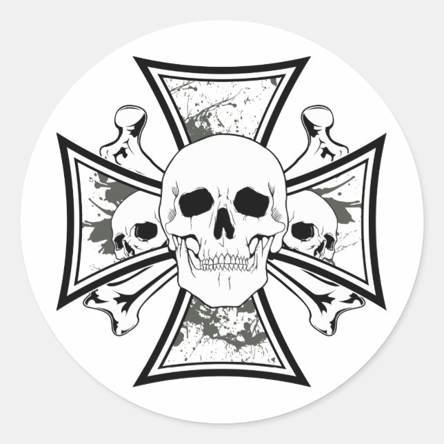 Iron Cross with Skulls and Cross Bones Classic Round Sticker (Front)
