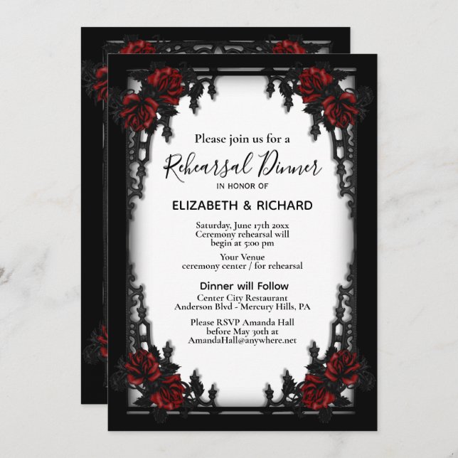 Iron Gothic Red Rose White Rehearsal Dinner Invitation (Front/Back)
