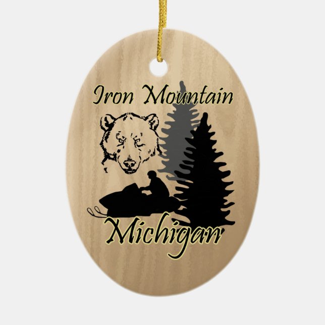Iron Mountain Michigan Snowmobile Bear Ceramic Ceramic Tree Decoration (Front)