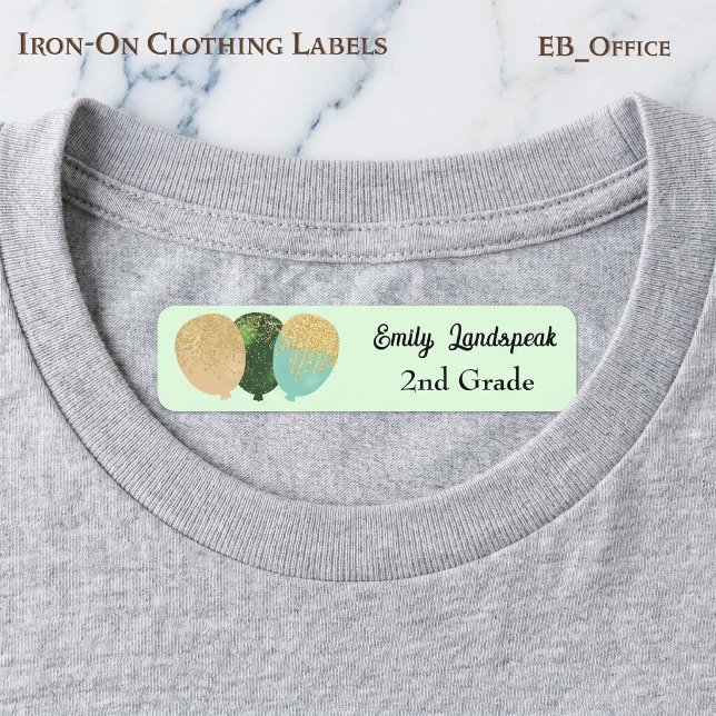 Iron on Green Glitter Party Balloons (Green Glitter Balloon iron-on clothing labels.
Size: 1.75” x 0.3125”
2 sheets of 48 labels.
)