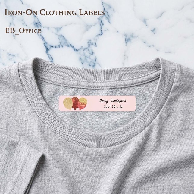 Iron on Red Glitter Party Balloons Labels (Red Glitter Balloon iron-on clothing labels.
Size: 1.75” x 0.3125”
2 sheets of 48 labels.
)