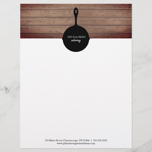 Iron Skillet Rustic Wood Restaurant Catering Food Custom Letterhead (Front)