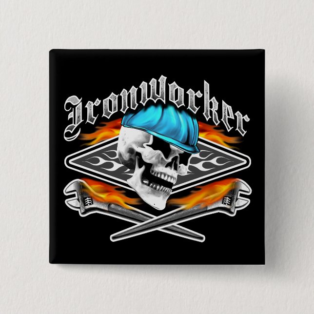 Ironworker Skull and Flaming Wrenches 15 Cm Square Badge (Front)