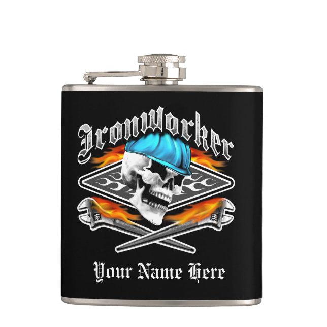 Ironworker Skull and Spud Wrenches Hip Flask (Front)
