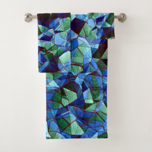 Irregular and disorganised mosaic overlaid blue bath towel set