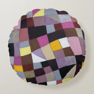 Irregular Grid: Violet-Yellow Abstract Painting. Round Cushion