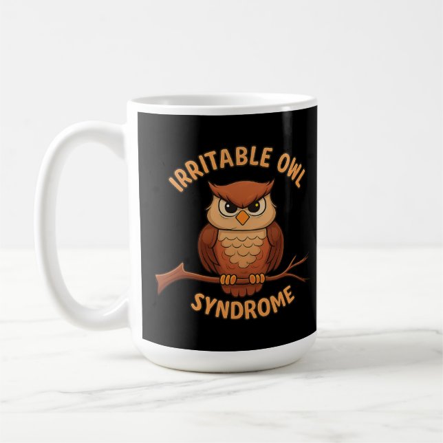 Irritable Owl Syndrome Funny Angry Owl Cartoon Pun Coffee Mug (Left)