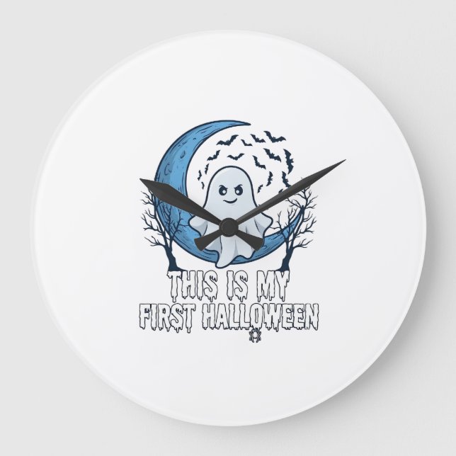 Is First Halloween Ghost Crescent Moon Bats_1 Large Clock (Front)