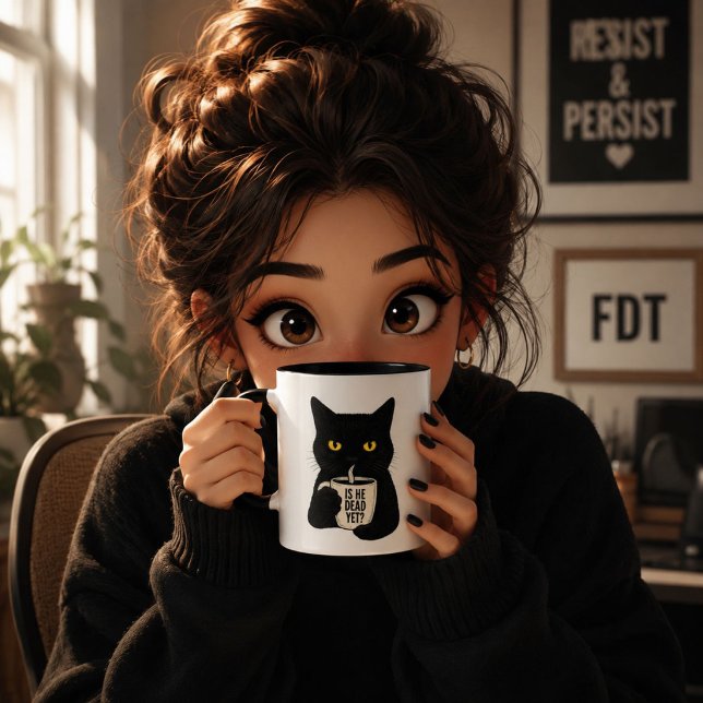 Is He Dead Yet? Black Cat Mug | Funny Political (Creator Uploaded)